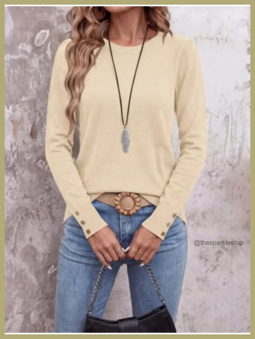 Lightweight Long Sleeve Knit Pullover Sweater with Button Cuffs Puff Shoulder